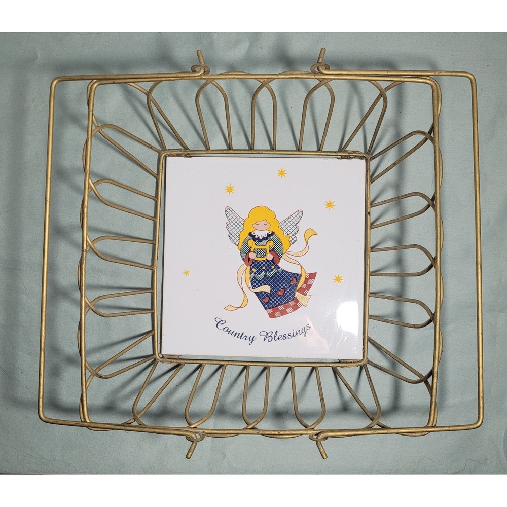Vintage Metal Bread Basket W/ Handles~ Angel Trivet In Bottom~ Country Blessings